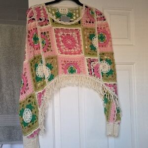 POL Crochet Fringe Poncho Sweater in Pink, Green & Cream